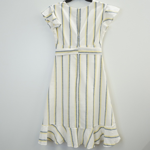 J.O.A. Striped Ruffle Flutter Trim Faux Wrap Dress - Picture 2 of 6